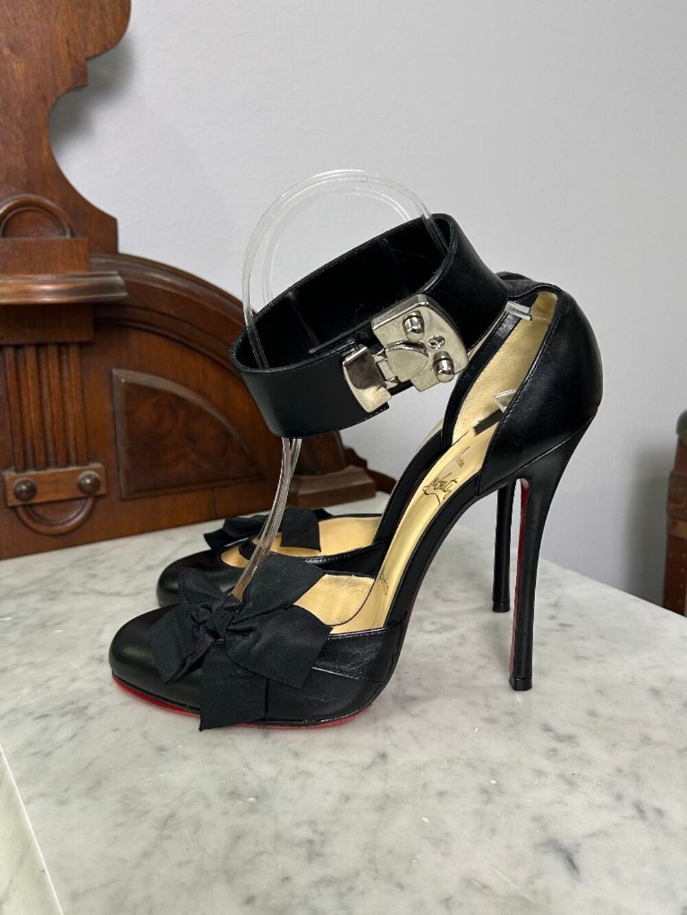 Christian Louboutin Fetish 120 Black Napa Ankle Cuff Heels size 38.5